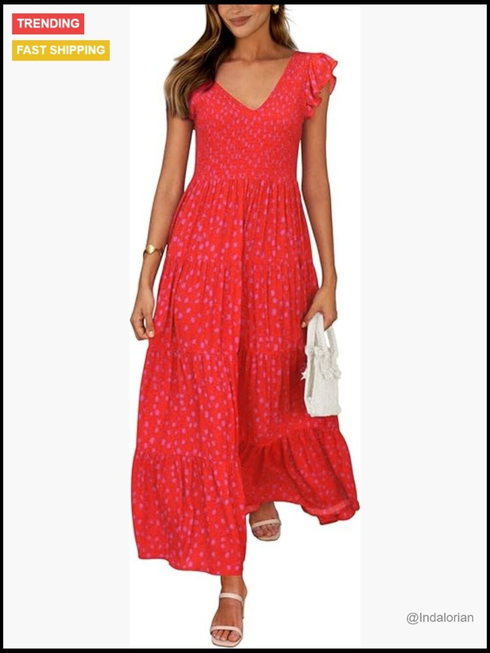 Women's Flowy Maxi Dress V Neck Cap Sleeve Smocked Sundress Beach
